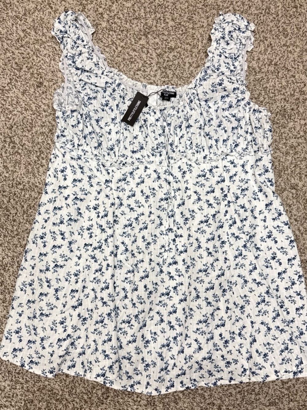 PrettyLittleThing White and Blue Floral Ruffle Tank